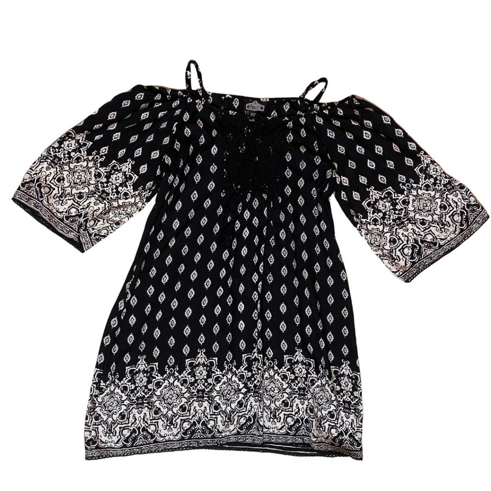 ANGIE Black/Cream Cold Shoulder Floral Tunic/Dress